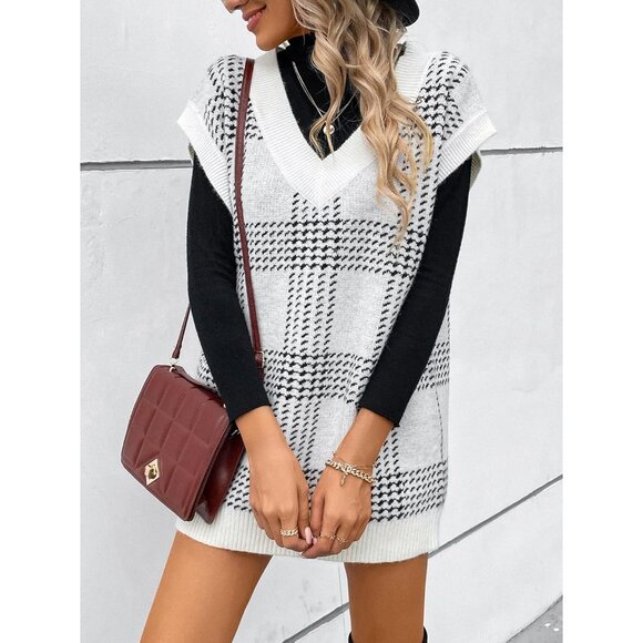 Women's V Neck Sleeveless Sweater Vest Plaid Cable Knit Fall Top Medium - Picture 5 of 5